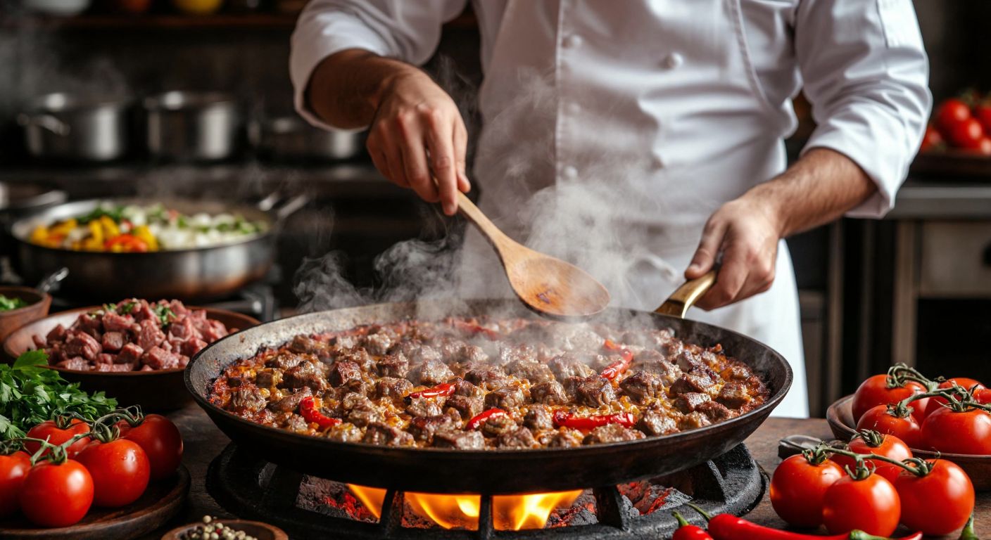 A steaming, golden-brown pan of *Keskin tava* sizzling over a flame, surrounded by fresh ingredients like diced lamb, tomatoes, and peppers, with a Turkish chef in a white apron smiling as they stir the dish.