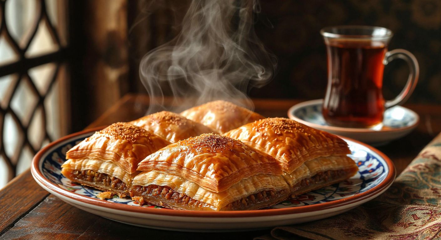 A warm, golden-brown baklava fresh from an electric oven, with steam rising from its crispy layers, placed on a traditional Turkish ceramic plate beside a glass of çay.