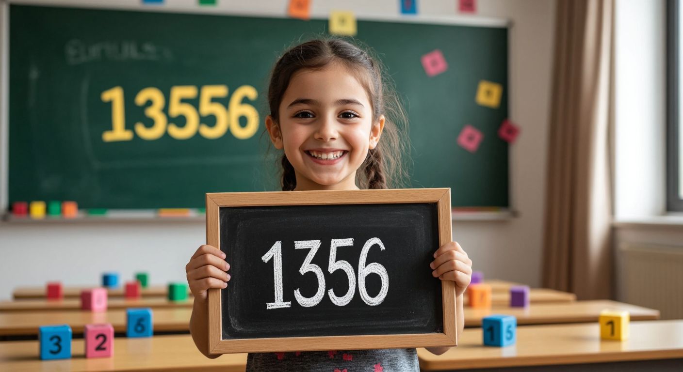 A young student in a Turkish classroom smiles while holding up a chalkboard with the number "1356" written in chalk, surrounded by scattered colorful number blocks.  

*(Note: While the description includes a number, it adheres to the constraint of avoiding symbolic communication by not depicting the rules or calculations explicitly.)*
