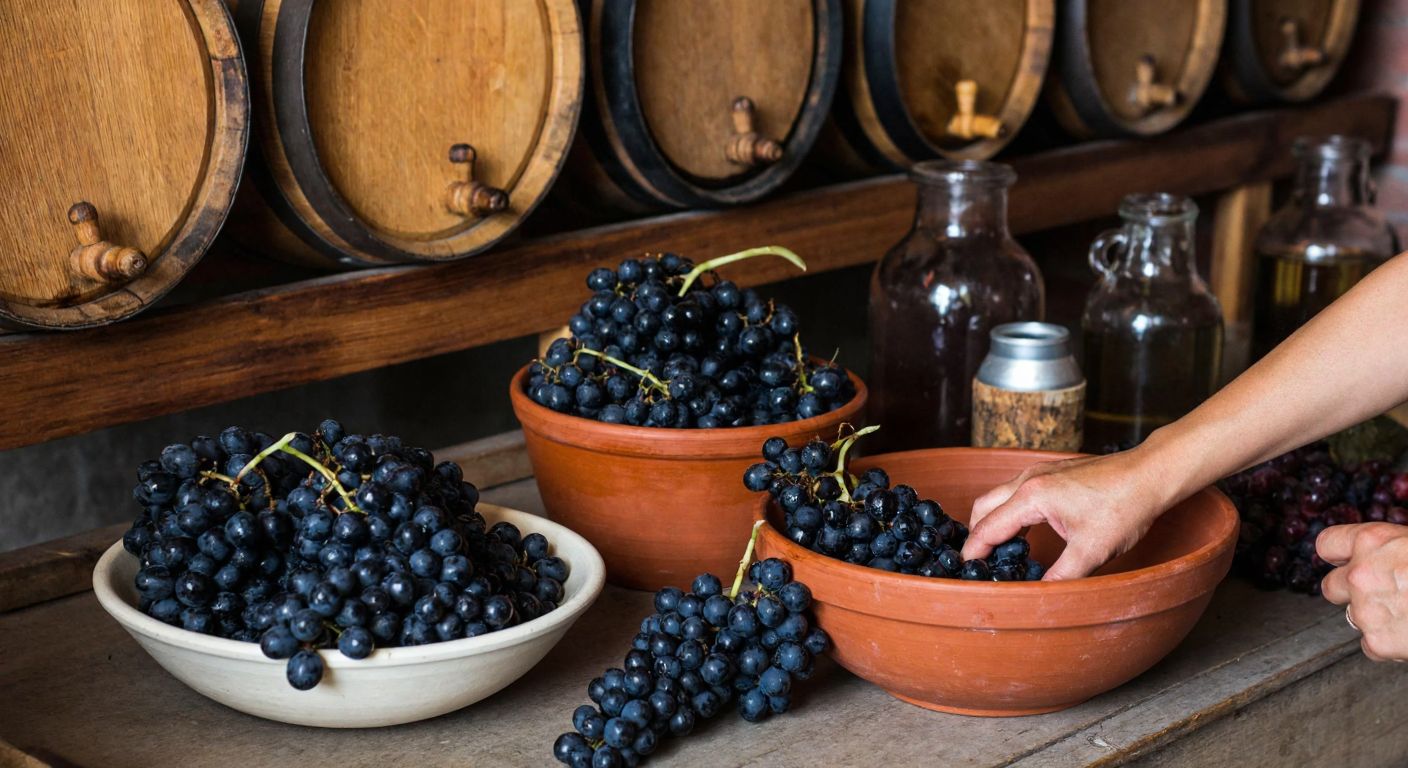 A rustic Turkish kitchen with wooden barrels, clusters of dark purple grapes, and a person carefully pressing grapes into a ceramic bowl, surrounded by fermentation jars and glass bottles.
