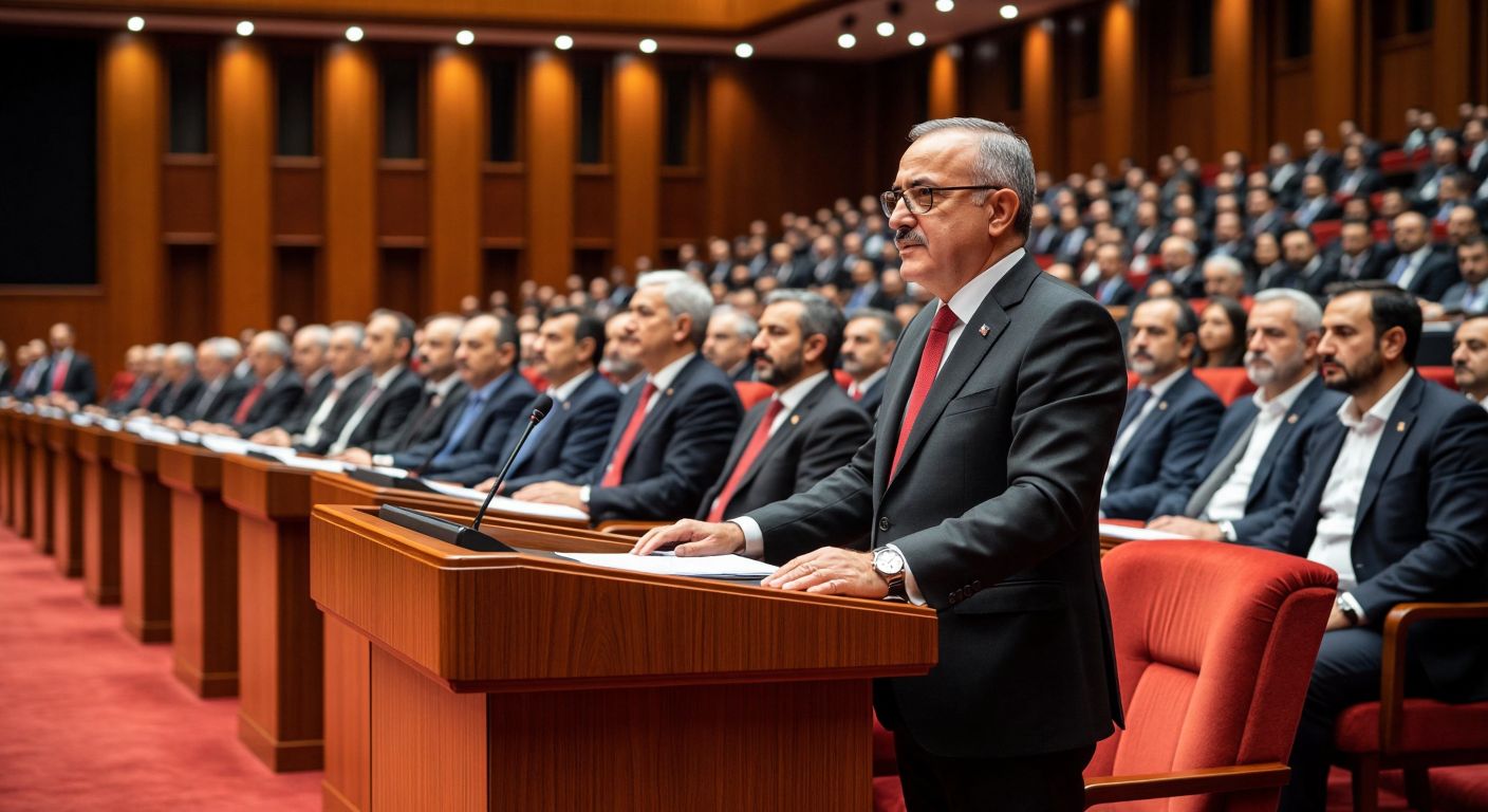 A grand political conference hall in Ankara filled with elegantly dressed delegates, each proudly wearing a sleek, high-end wristwatch gifted by a distinguished speaker at the podium.