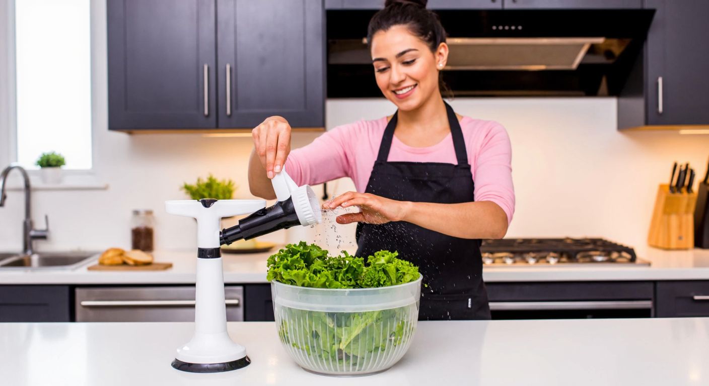 A modern Turkish kitchen with a smiling woman in an apron using a transparent OXO salad spinner filled with fresh greens, her hands pressing the pump mechanism while water droplets fly off the spinning basket.