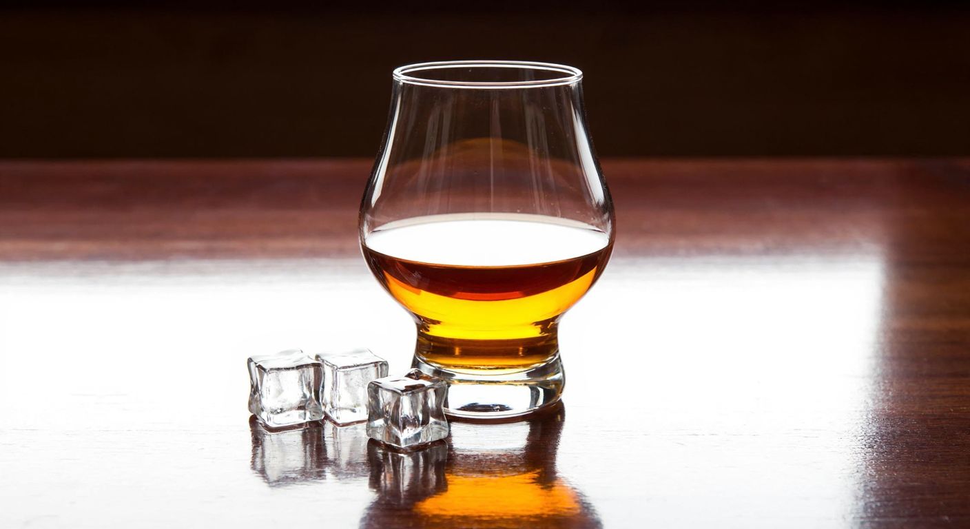 A close-up of a tulip-shaped whiskey glass filled with amber Hibiki whiskey, resting on a polished wooden table with a few ice cubes and a small water dropper beside it, evoking a refined and contemplative atmosphere.