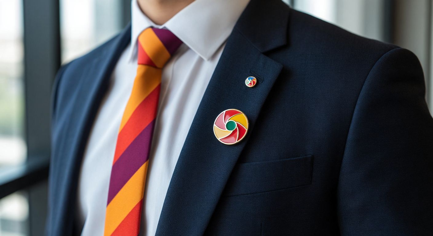 A vibrant enamel pin badge with a colorful logo shines on the lapel of a well-dressed professional in a bustling Turkish office, symbolizing brand identity and unity among colleagues.