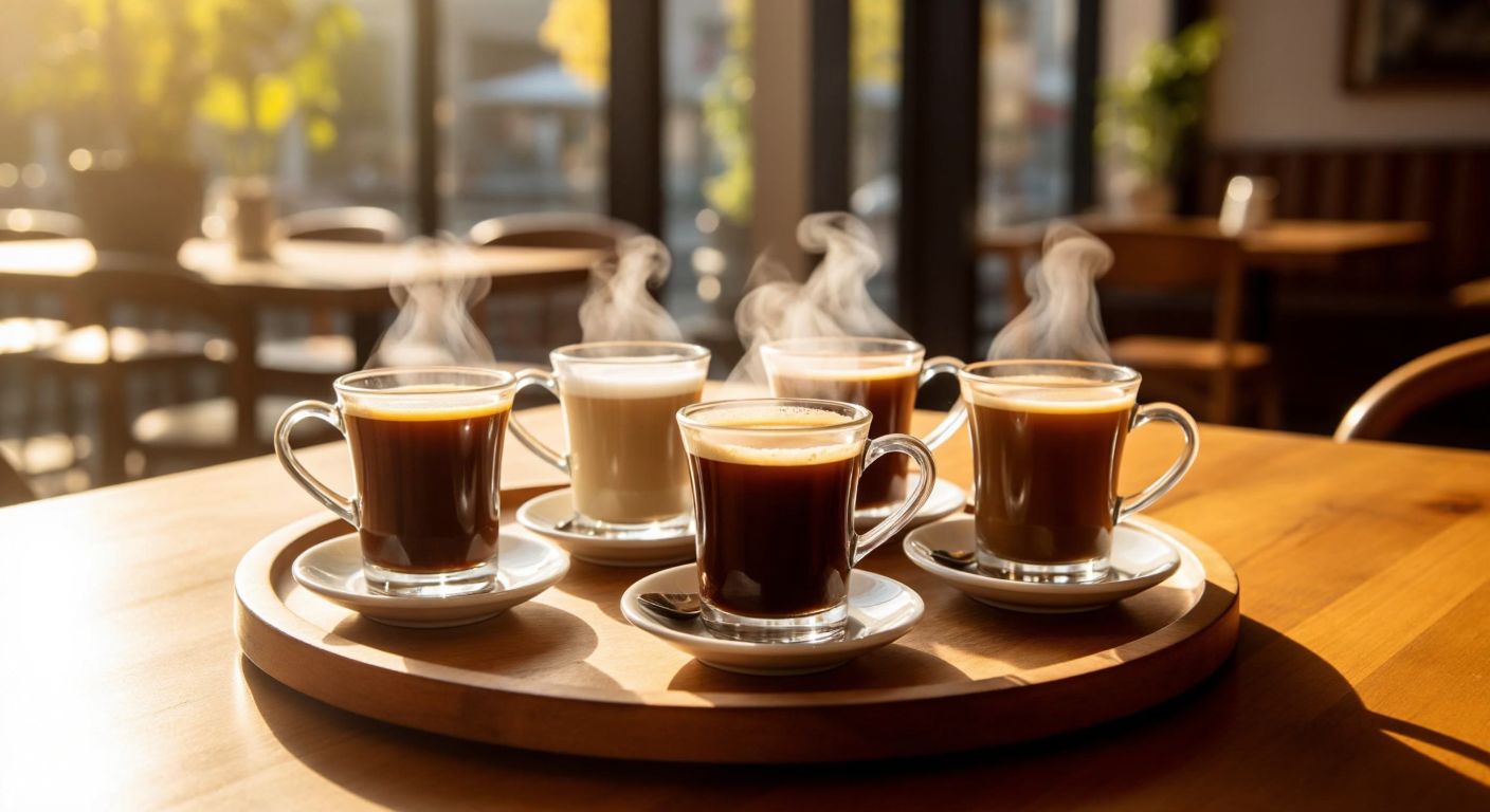 A wooden tray holds five distinct Turkish coffee cups—each with a unique shape and size—containing espresso, filter coffee, cappuccino, latte, and traditional Turkish coffee, steam rising gently from their surfaces against a warm, sunlit café backdrop.