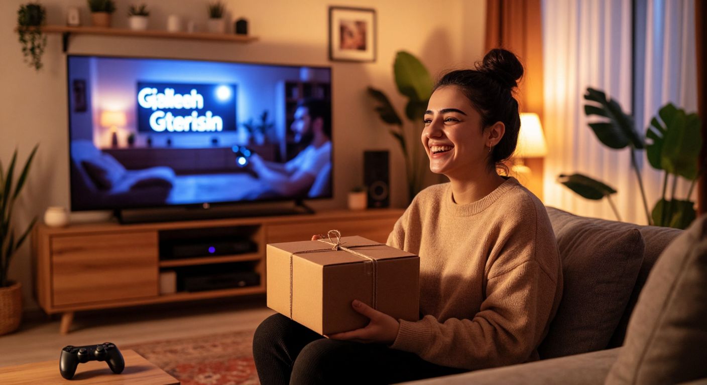 A smiling person in a cozy Turkish home holds a freshly delivered package while watching a movie on a TV, with a gaming controller and Twitch stream visible in the background.