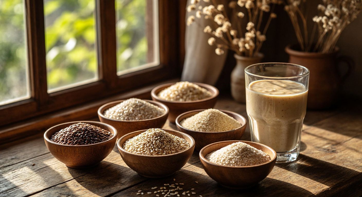 A rustic Turkish kitchen counter displays small bowls of flaxseeds, quinoa, sesame seeds, psyllium husk, and oat bran beside a glass of creamy vegan pudding, with warm sunlight streaming through a window onto wooden surfaces.