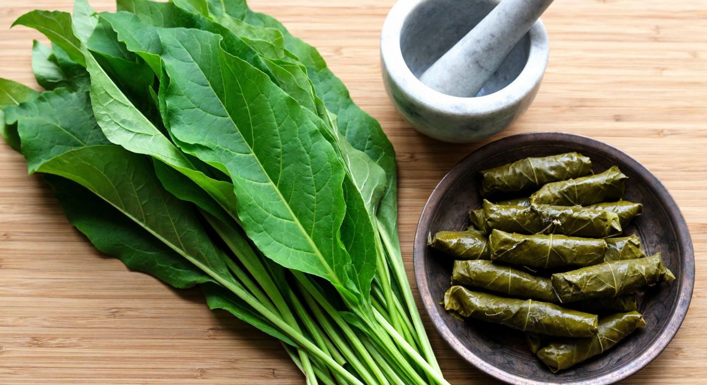 A vibrant green *Rumex obtusifolius* plant with broad leaves, freshly picked and laid beside a rustic Turkish plate of stuffed *efelik* leaves, with a mortar and pestle nearby hinting at medicinal preparation.