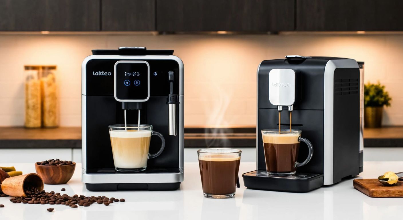 A modern Turkish kitchen with a sleek LatteGo coffee machine on one counter, steaming a creamy latte, while a fully automatic espresso machine sits on another, brewing two cups of rich coffee, surrounded by scattered coffee beans and a warm, inviting atmosphere.