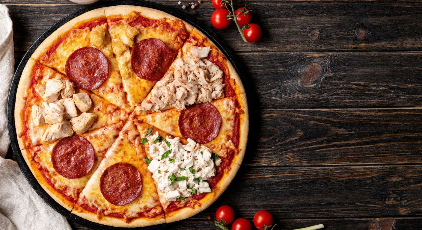 A vibrant, steaming pizza with slices showcasing different toppings—spicy chicken, pepperoni, tuna, and white cheese—arranged on a rustic wooden table, evoking warmth and appetite.