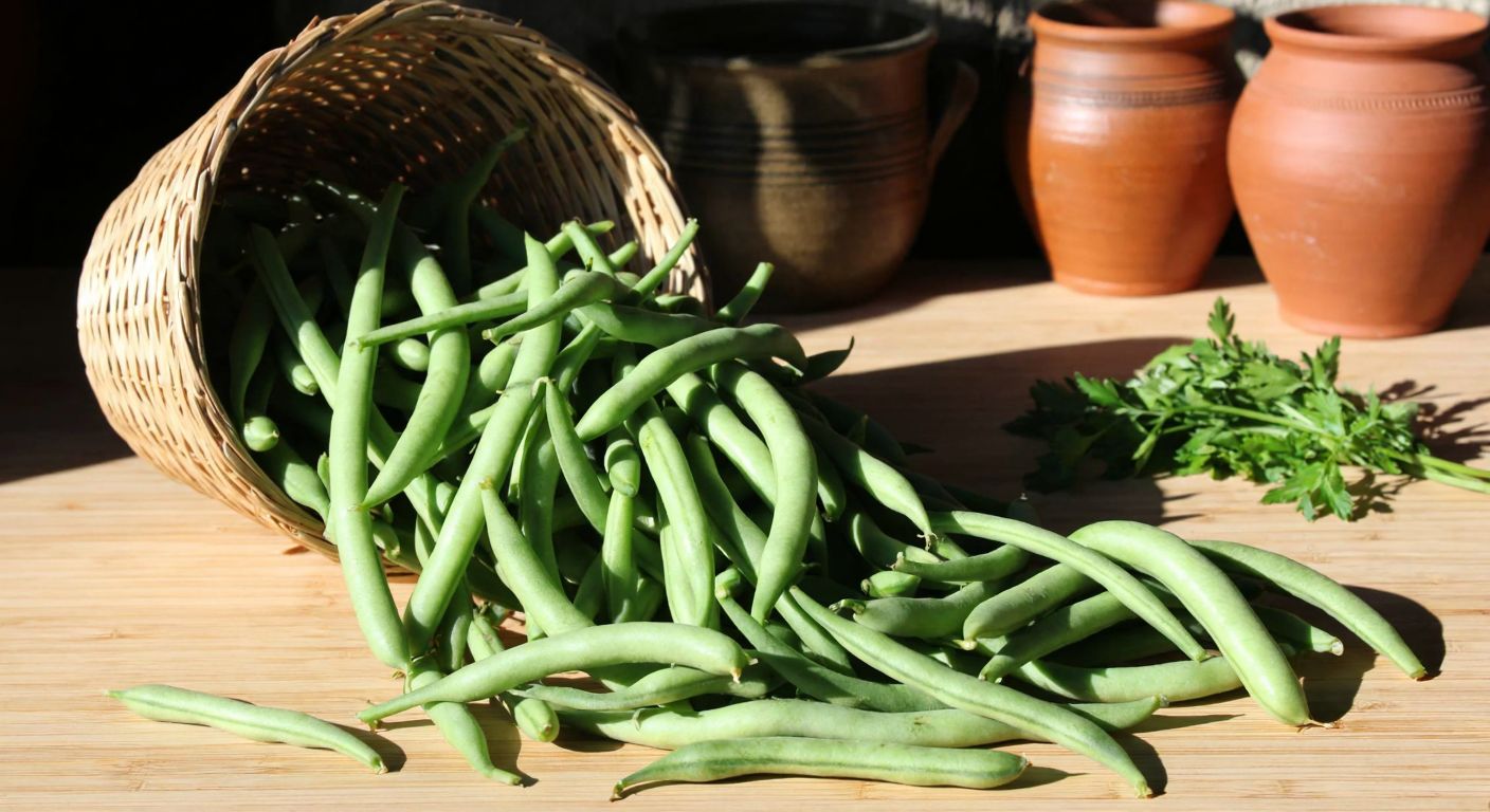 A vibrant green pile of fresh **çalı fasulyesi** (young green beans) spilling from a woven basket onto a sunlit wooden table, surrounded by rustic clay pots and a scattering of fresh herbs.