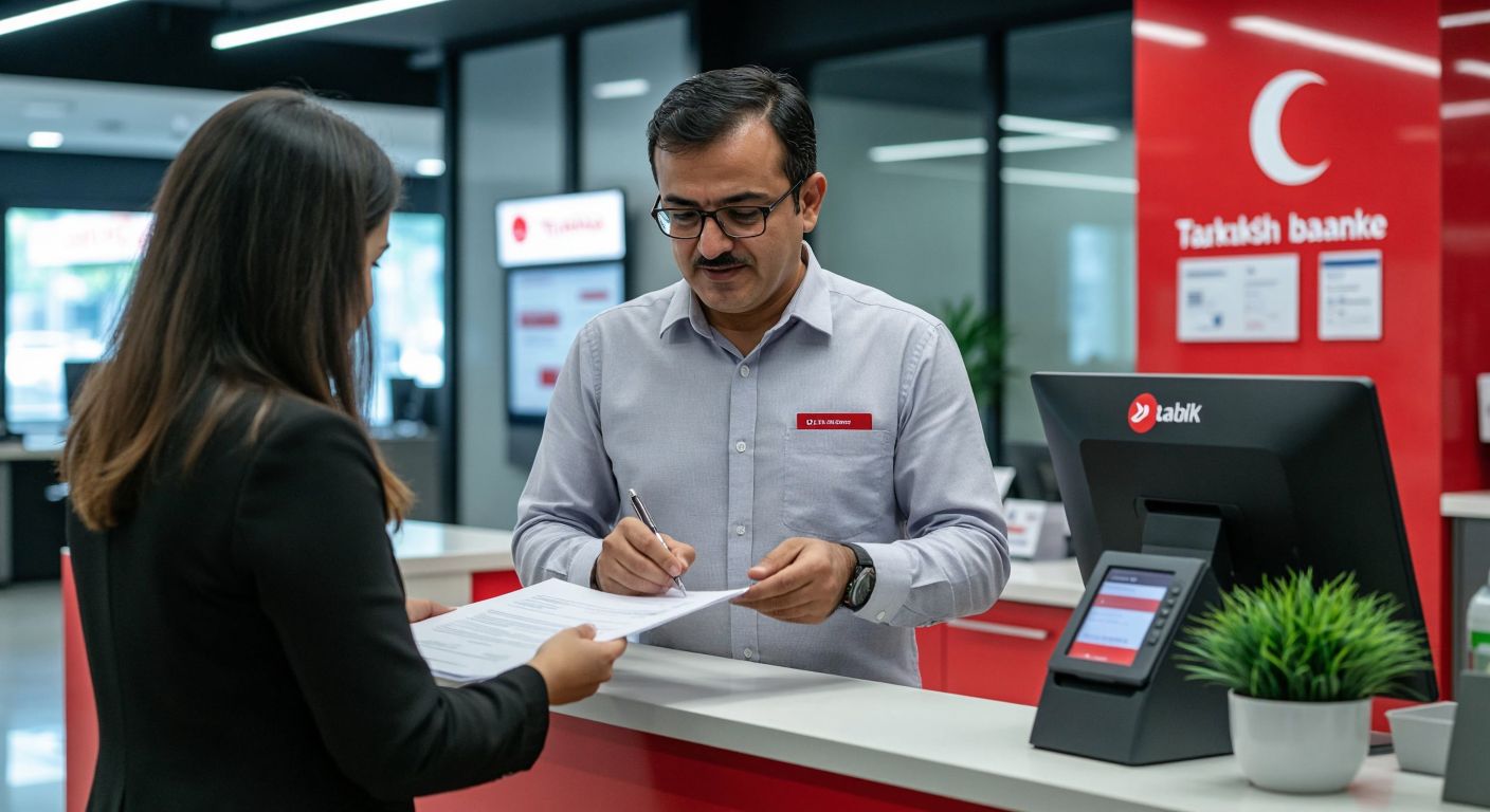 A middle-aged person in a neat shirt hands a signed document to a bank teller behind a counter in a modern Turkish bank branch, with a computer screen discreetly visible in the background.