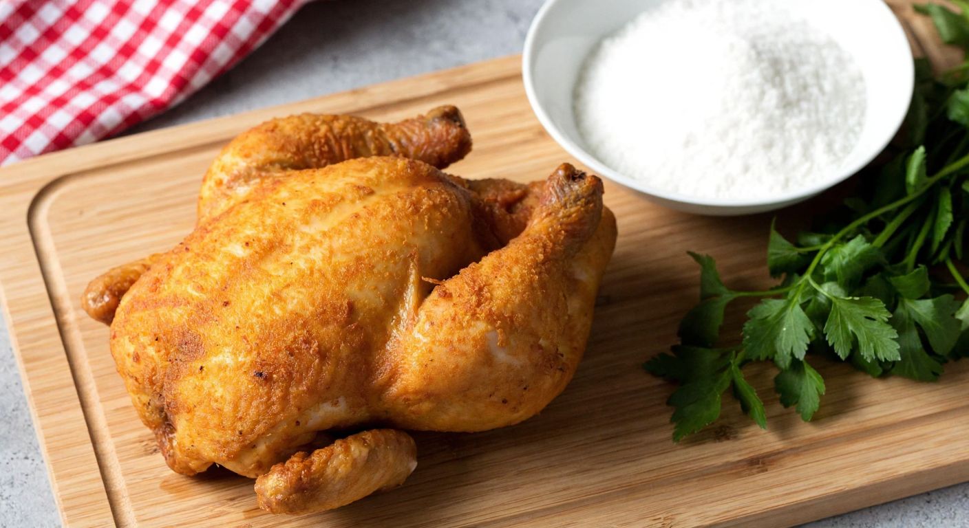 A golden-brown crispy chicken piece resting on a wooden cutting board, with a small bowl of sifted flour and fresh herbs nearby, evoking the warmth of a Turkish kitchen.