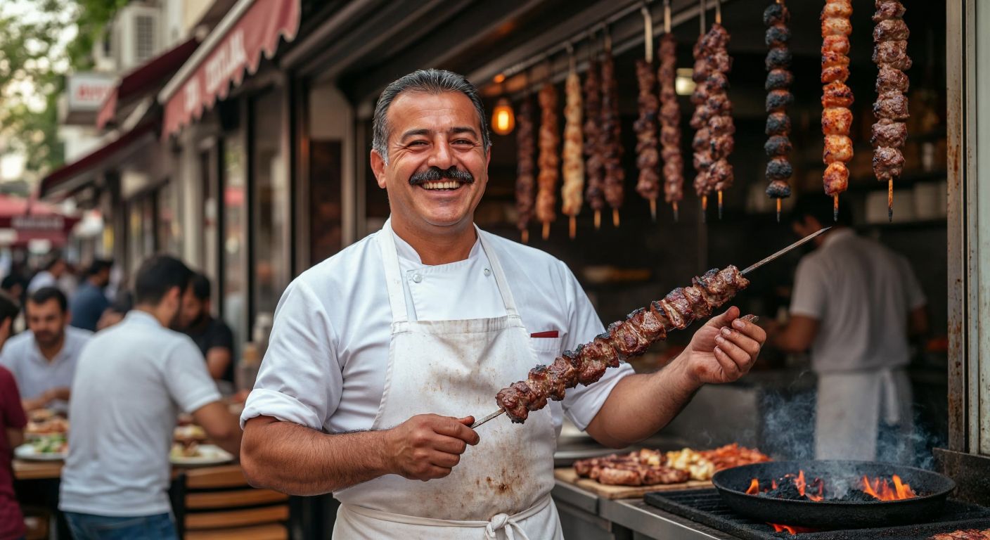 A smiling middle-aged man with a mustache, wearing a white apron, stands proudly in front of a bustling kebab restaurant in Turkey, holding a sizzling skewer of meat over glowing charcoal.