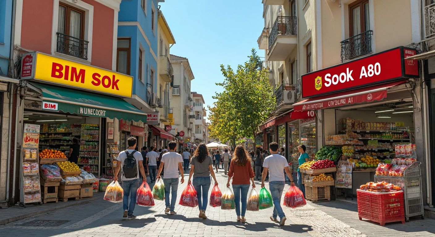 A vibrant Turkish street scene with three distinct discount market storefronts—BİM, A101, and ŞOK—each bustling with shoppers carrying colorful bags of groceries under a bright sun.