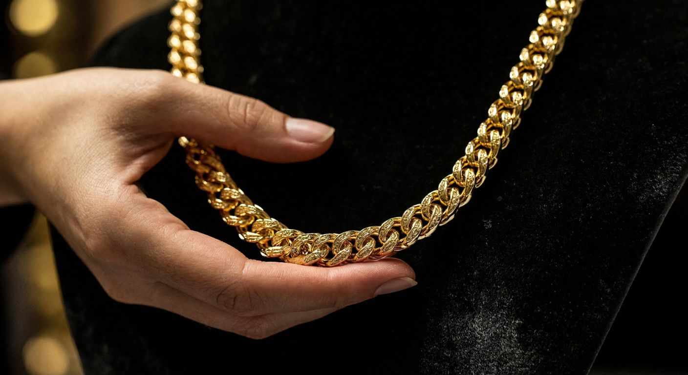 A close-up of a Turkish jeweler’s hand holding a gleaming, warm-yellow gold necklace against a dark velvet backdrop, with faint reflections of light dancing on its polished surface.