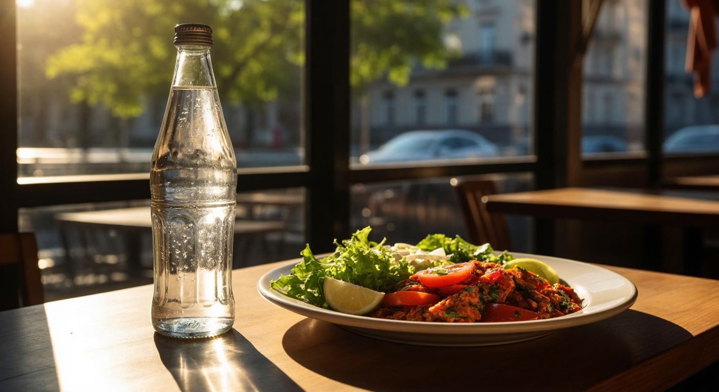 A clear glass bottle of sparkling mineral water sits on a sunlit wooden table beside a plate of fresh Turkish meze, with condensation glistening on its surface.