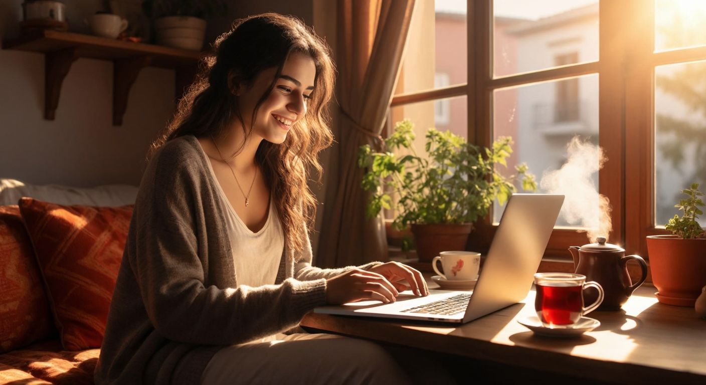 A young Turkish woman in a cozy home setting smiles while browsing on her laptop, with a steaming cup of Turkish tea beside her, as sunlight streams through the window.