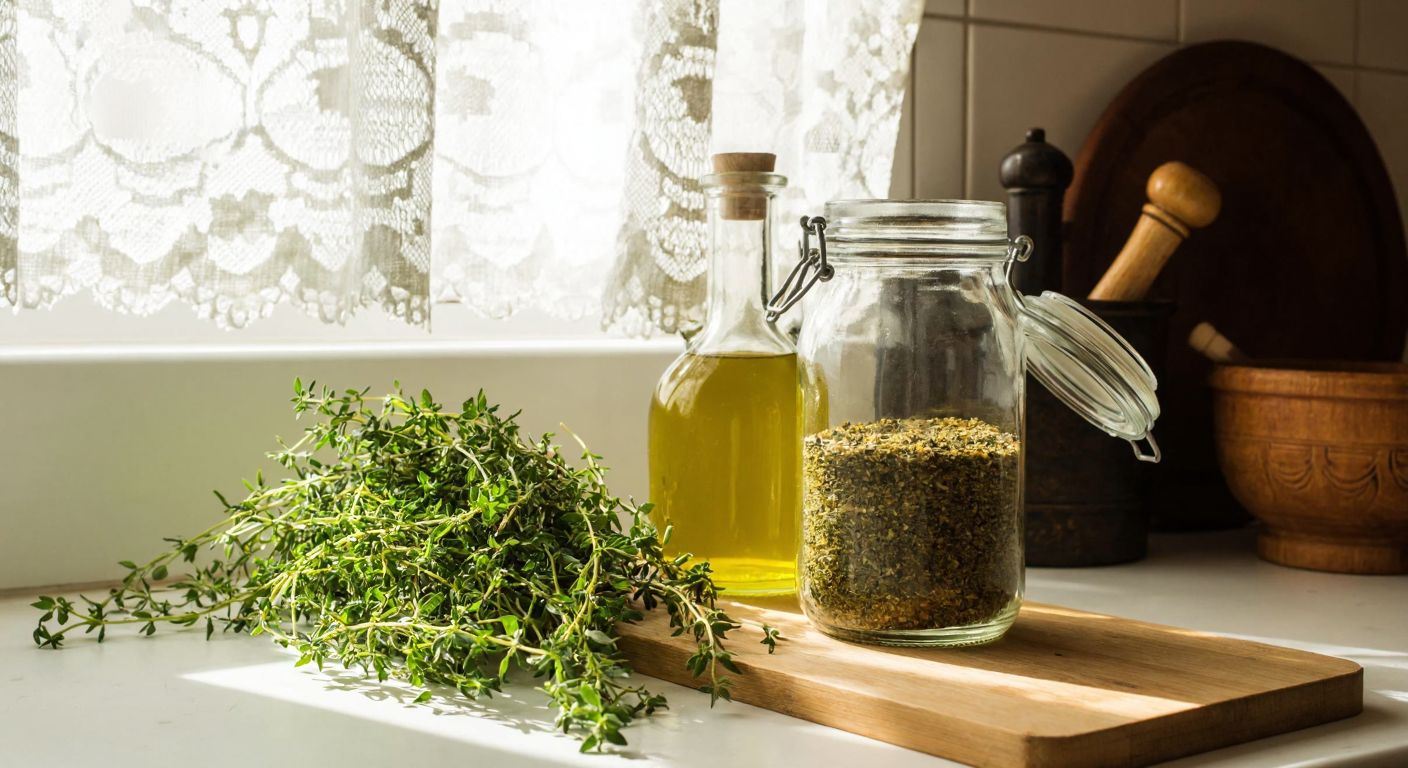A rustic Turkish kitchen with a glass jar of salted zahter (wild thyme) sitting on a wooden counter, surrounded by fresh herbs and olive oil, under warm sunlight filtering through a lace curtain.