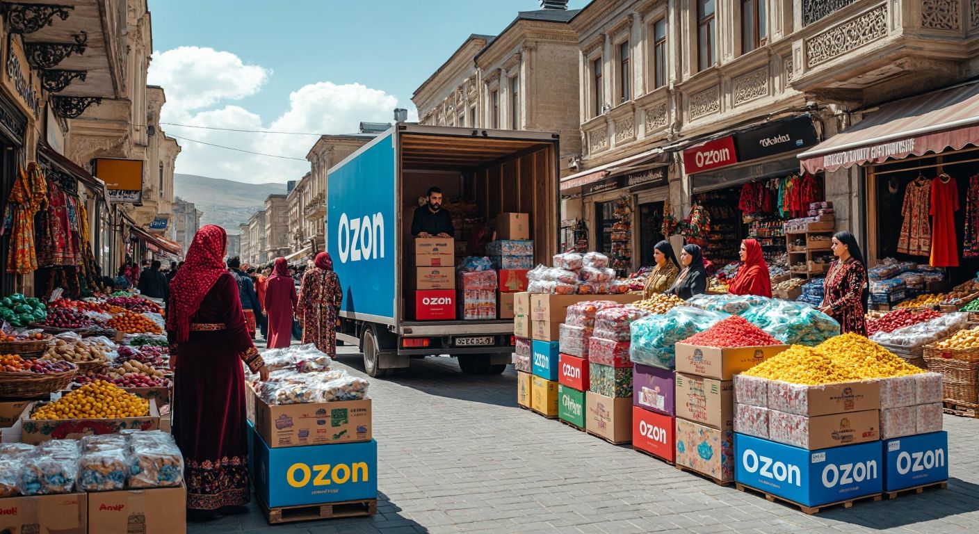 A vibrant marketplace in Azerbaijan with colorful packages and boxes labeled "Ozon" being unloaded from a delivery truck, surrounded by eager shoppers in traditional Azerbaijani clothing.