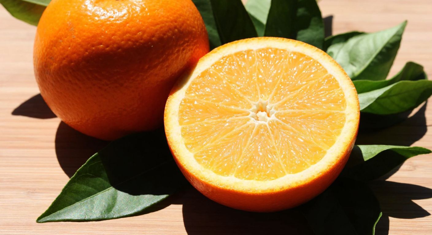 A vibrant orange sliced open on a wooden table, its juicy segments glistening under warm sunlight, surrounded by fresh green leaves.