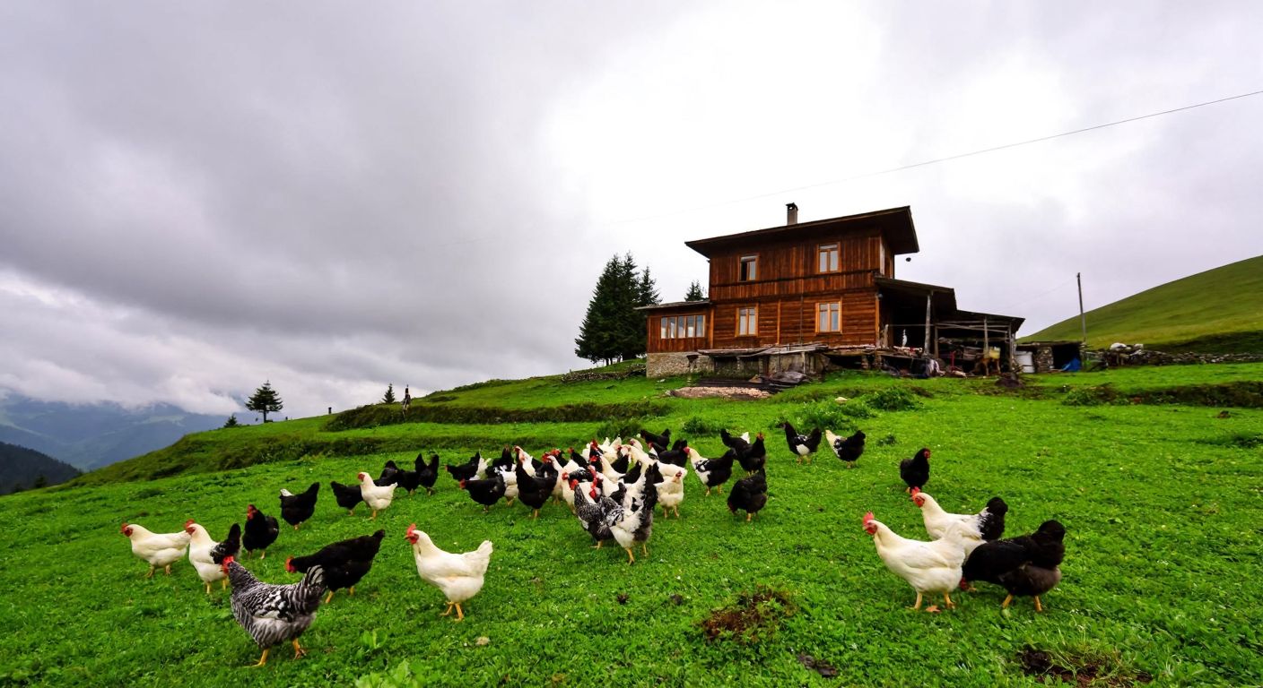 A lush green hillside in Sinop, Turkey, with a flock of distinctive black-and-white Hacıkadın chickens pecking near a traditional wooden farmhouse, under a cloudy Karadeniz sky.