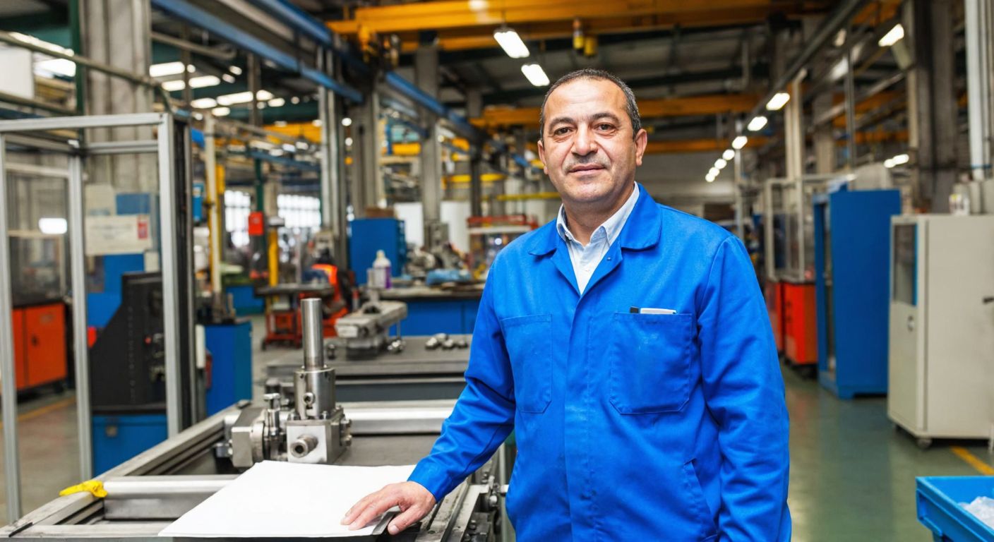 A middle-aged Turkish man in a blue work uniform stands proudly in a bustling Bursa factory, surrounded by gleaming hydraulic machinery and industrial components.