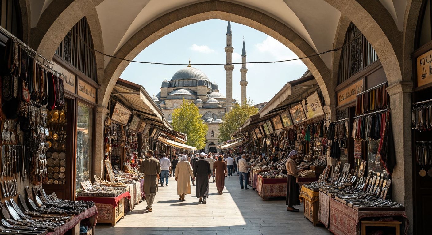 A bustling two-story historic bazaar in Isparta, with vendors selling jewelry, knives, and souvenirs under arched stone doorways, framed by the silhouette of Mimar Sinan Mosque in the background.