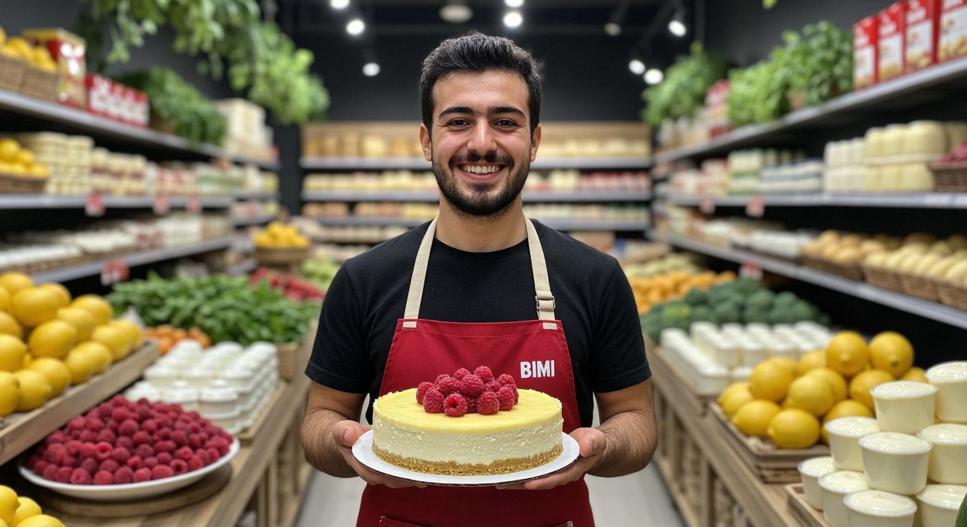 A cheerful Turkish grocer in a BİM store apron proudly holds a creamy cheesecake with lemon and raspberry toppings, surrounded by fresh local dairy products.