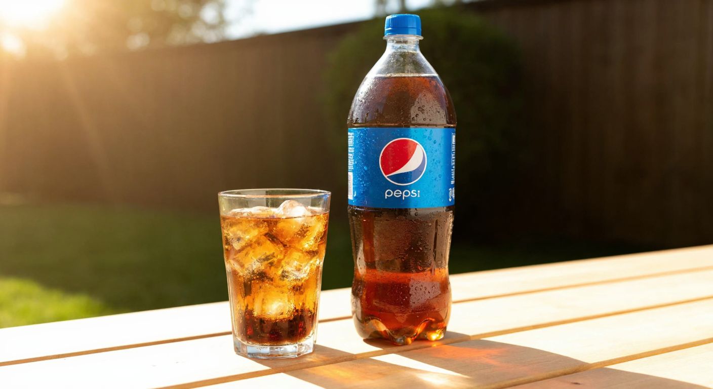 A large, frosty 2.5-liter Pepsi bottle sits on a sunlit wooden table next to a glass filled with bubbling cola and ice cubes, evoking refreshment.