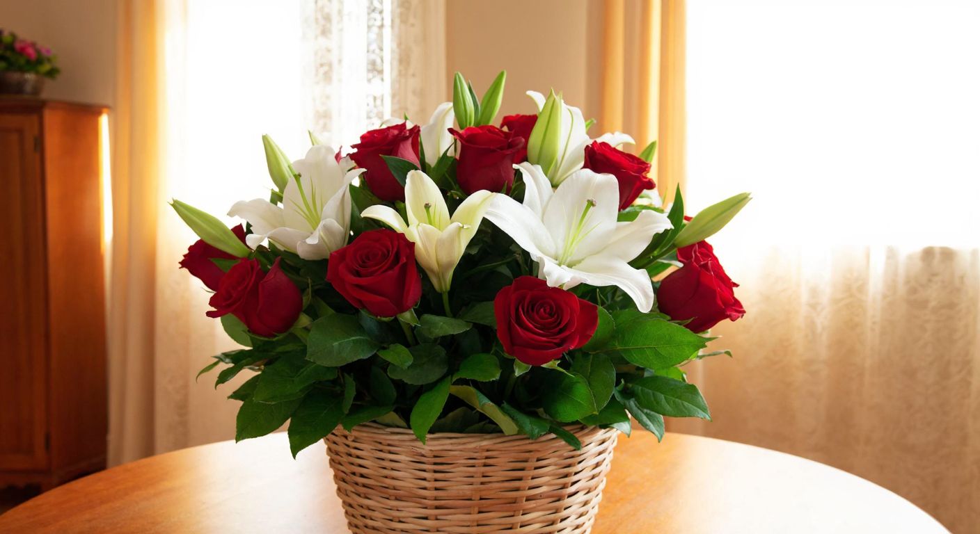 A vibrant bouquet of red roses and white lilies arranged in a woven basket, placed on a wooden table in a cozy Çorum home with warm sunlight streaming through lace curtains.