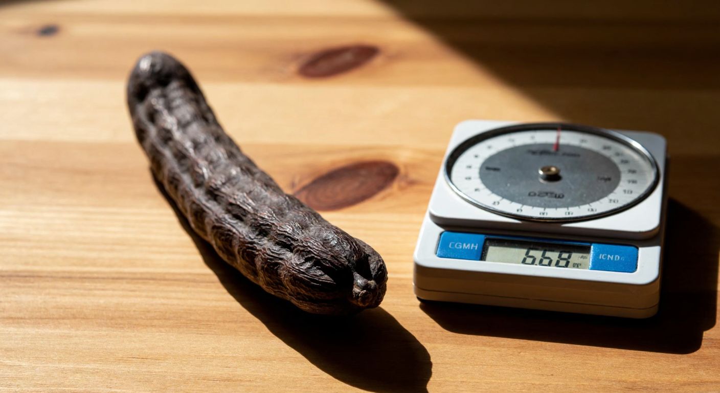 A small, dark brown carob pod rests on a wooden table beside a tiny weighing scale showing 6 grams, with warm sunlight casting a cozy glow over the scene.