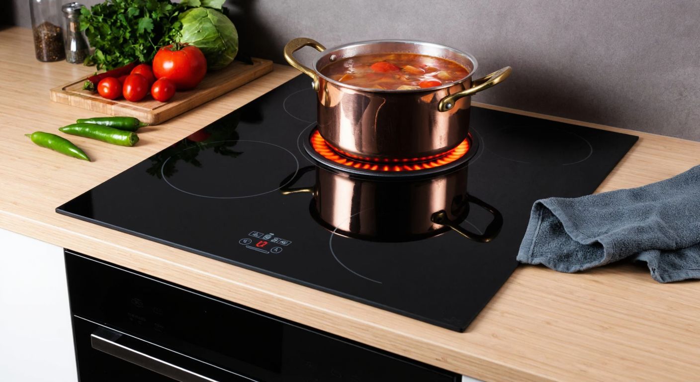 A sleek, modern Turkish kitchen with a shiny black ceramic cooktop glowing red under a bubbling copper pot, surrounded by fresh vegetables and a neatly folded cleaning cloth.