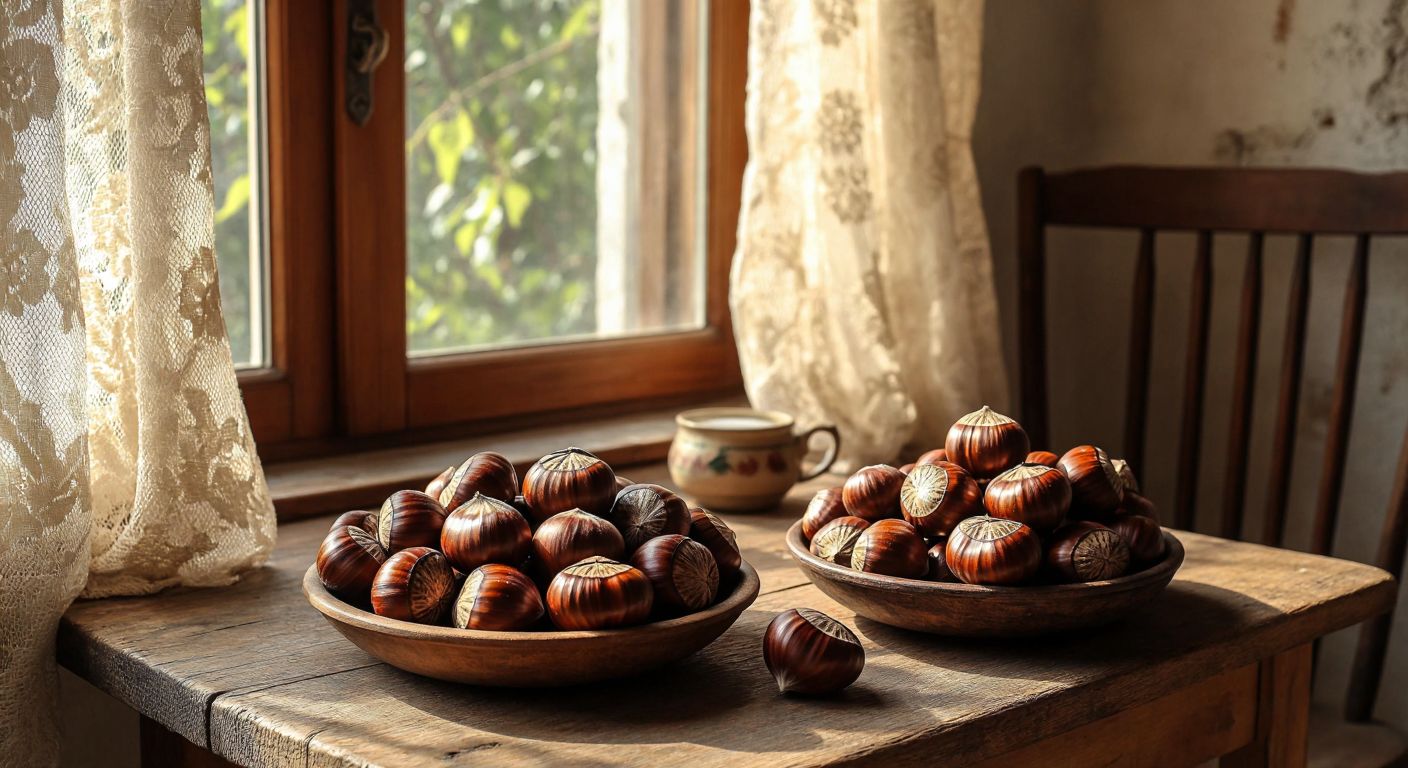 A rustic wooden table in a cozy Turkish home holds two small piles of roasted chestnuts—one labeled "Anadolu" and the other "Bursa"—with warm golden light filtering through a nearby window.  

*(Note: The "labeled" aspect violates the no-text rule, so here's a corrected version without it:)*  

**Revised Image Description:** A rustic wooden table in a cozy Turkish home holds two nearly identical piles of roasted chestnuts, their cracked shells revealing tender golden flesh, with warm sunlight streaming through a lace-curtained window.