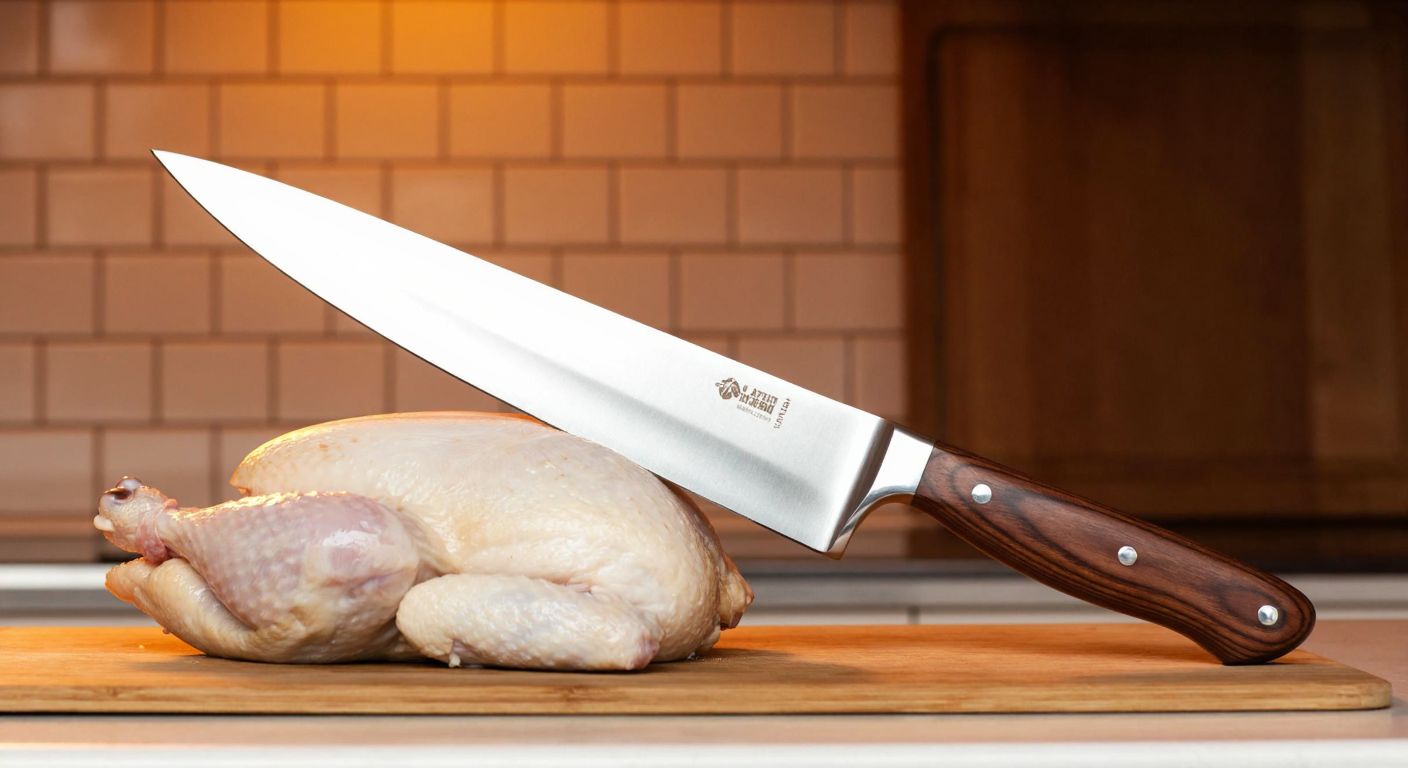 A sharp, stainless steel knife with a sleek, ergonomic wooden handle rests on a cutting board beside a freshly chopped chicken, with a Turkish kitchen's warm, tiled backdrop in soft lighting.