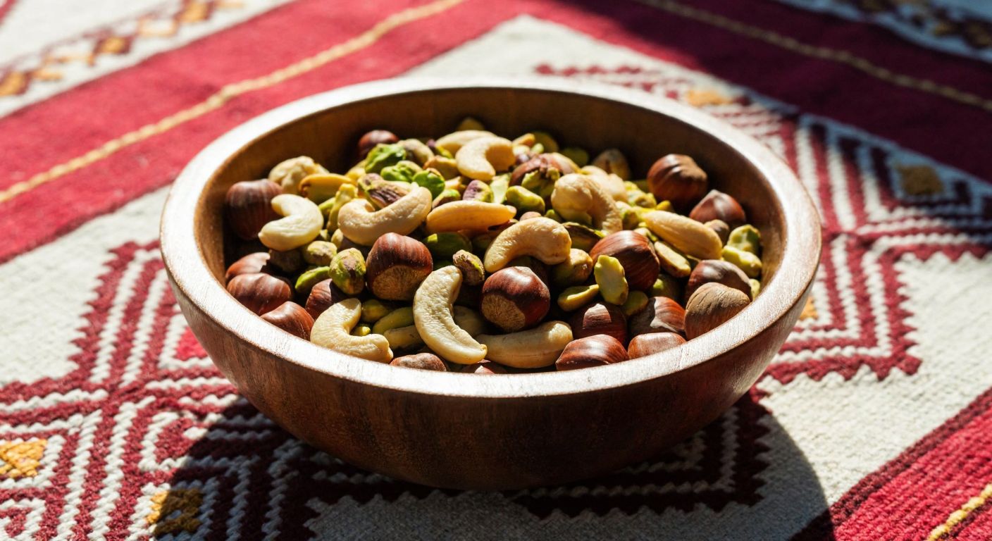 A rustic wooden bowl filled with a colorful mix of raw hazelnuts, almonds, cashews, and pistachios, resting on a traditional Turkish woven tablecloth with warm sunlight casting soft shadows.