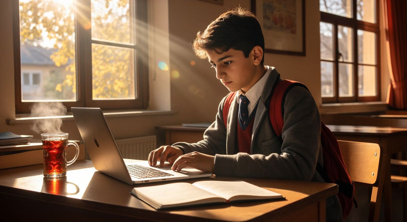 A young Turkish student in a school uniform sits at a wooden desk, intently typing on a laptop with a focused expression, while a warm sunbeam streams through a classroom window onto a notebook and a steaming cup of Turkish tea beside them.