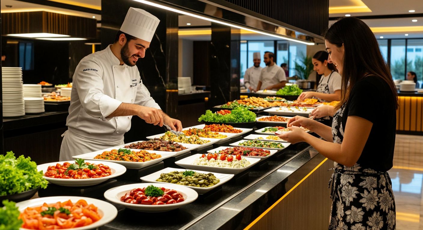 A bustling hotel buffet in Turkey with neatly arranged small plates of colorful meze, a chef preparing made-to-order dishes, and guests smiling as they take modest portions, while a donation box for excess food sits nearby.