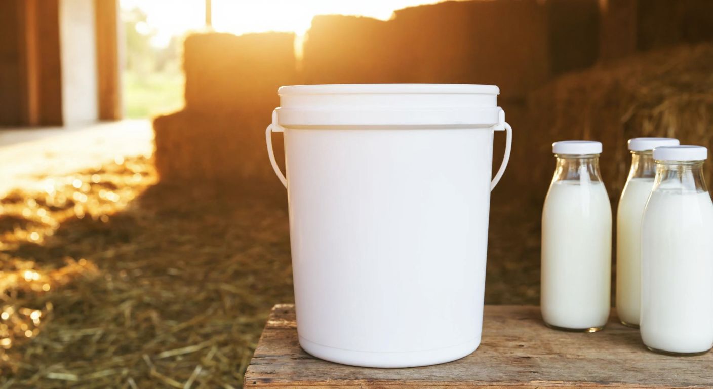 A sturdy white plastic milk bucket with a handle, placed on a wooden table in a sunlit Turkish dairy farm, surrounded by fresh milk bottles and hay.
