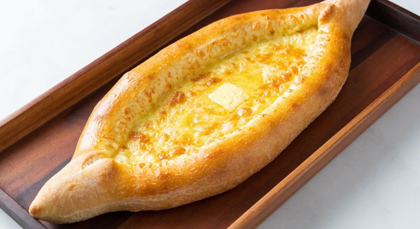A golden, freshly baked pide with a glossy layer of melted butter glistening on its warm, crispy surface, placed on a traditional Turkish wooden tray.