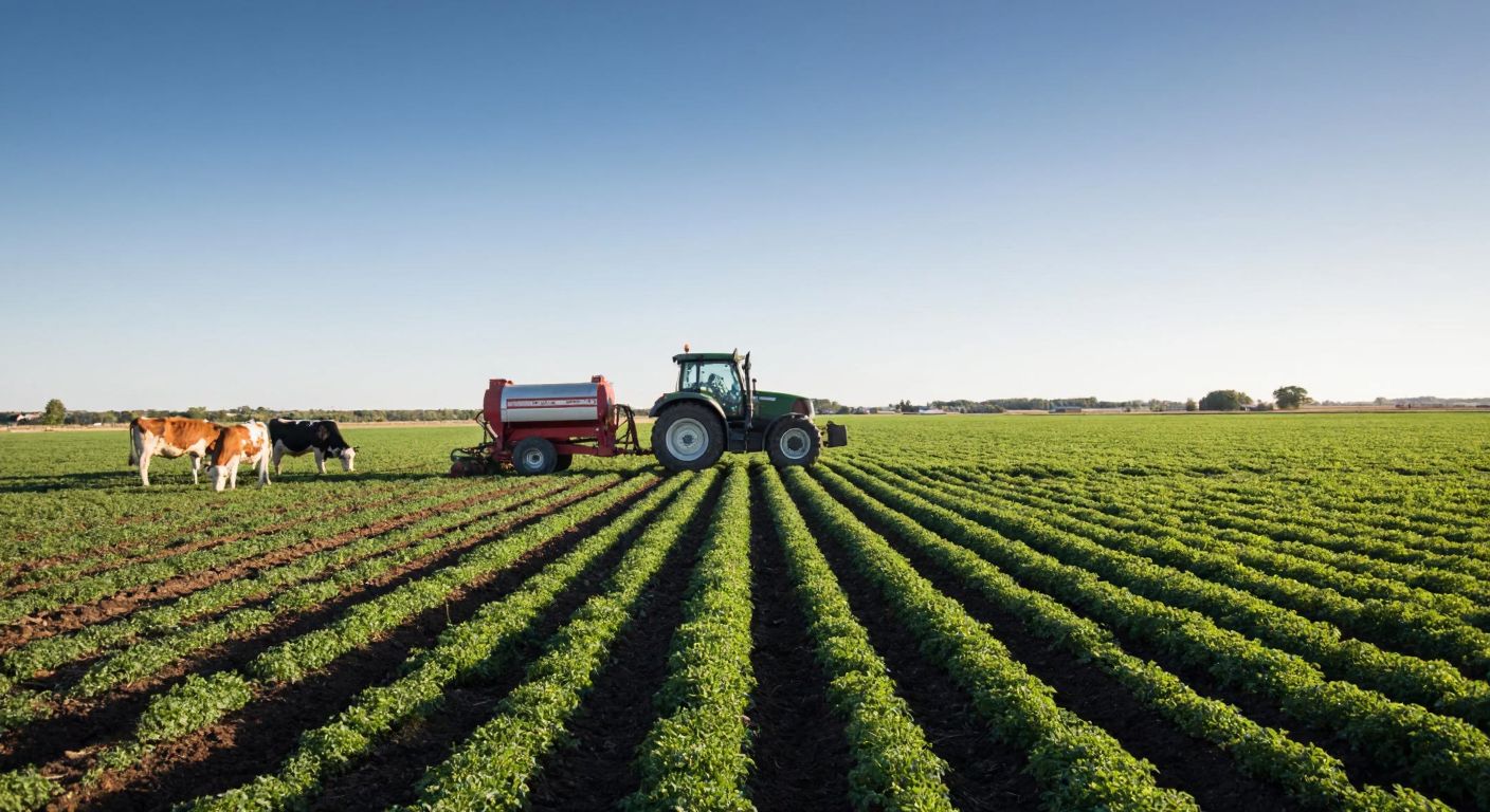 A vast green field under a clear sky, with a modern tractor plowing rows of crops, surrounded by dairy cows grazing and stacks of organic grain sacks nearby.