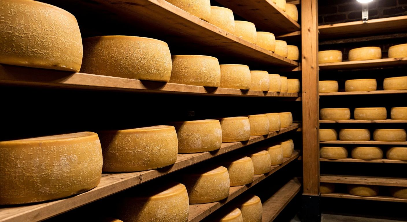 Aged wheels of Parmesan cheese resting on wooden shelves in a dimly lit Italian cellar, with golden crystals glinting on their cracked surfaces, evoking rich, savory aromas.