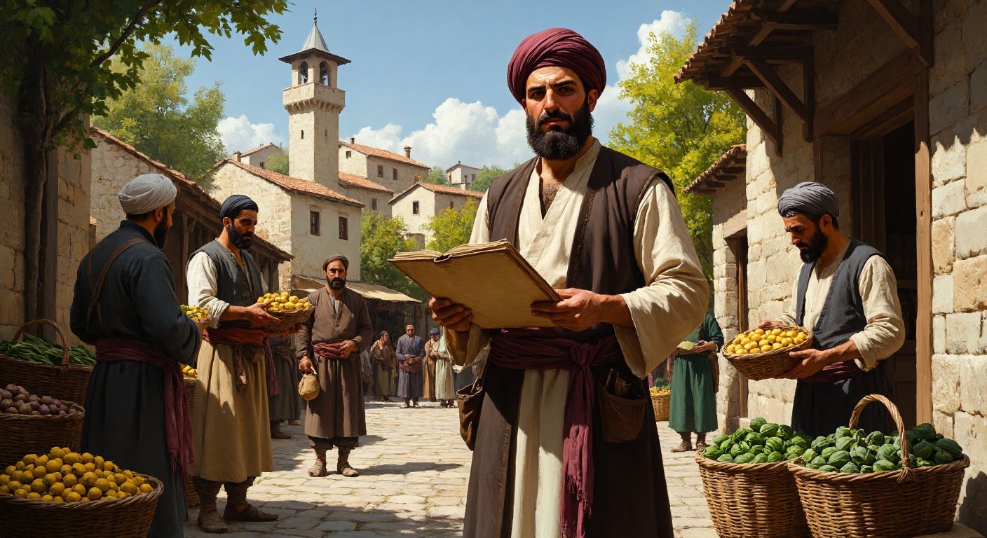 A stern Ottoman-era tax collector in traditional attire stands in a sunlit village square, holding a ledger while villagers present baskets of crops as payment.