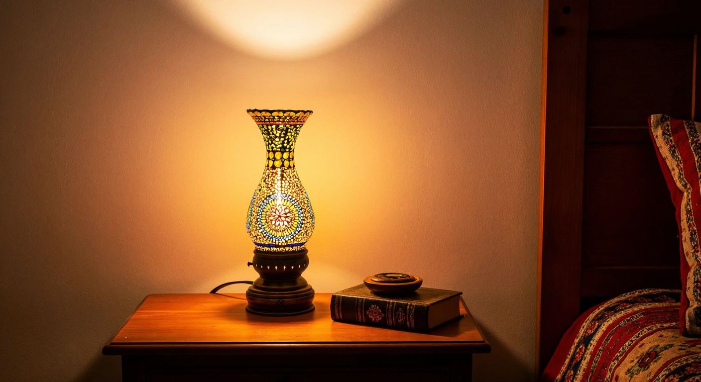 A warm, softly lit wooden nightstand with a rustic wooden night lamp casting a gentle glow beside a sleek, colorful plastic lamp, both illuminating a cozy Turkish bedroom with patterned textiles.