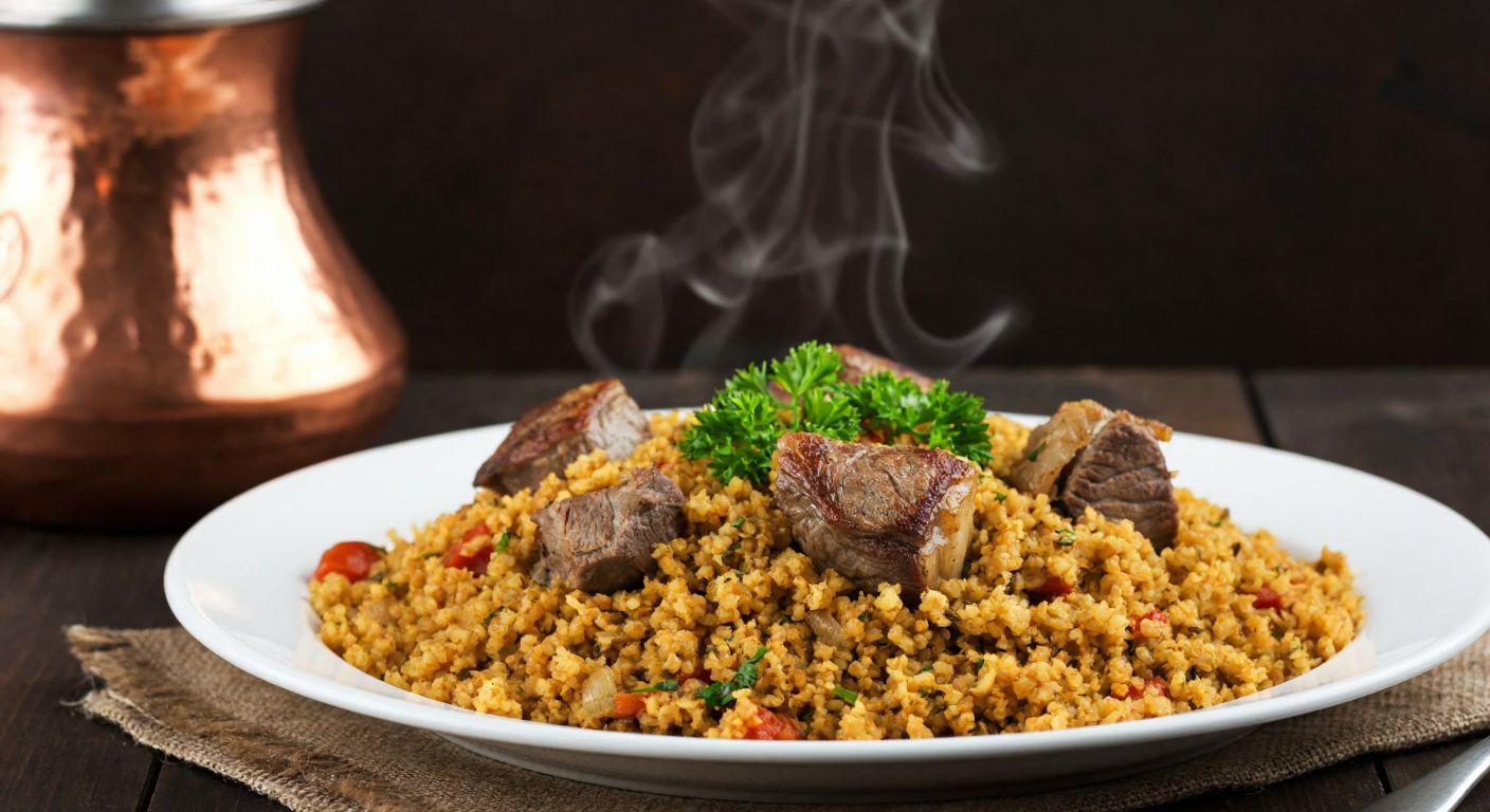 A steaming plate of golden-brown bulgur pilaf topped with tender chunks of lamb, garnished with fresh parsley, set on a rustic wooden table with a traditional Turkish copper pot in the background.