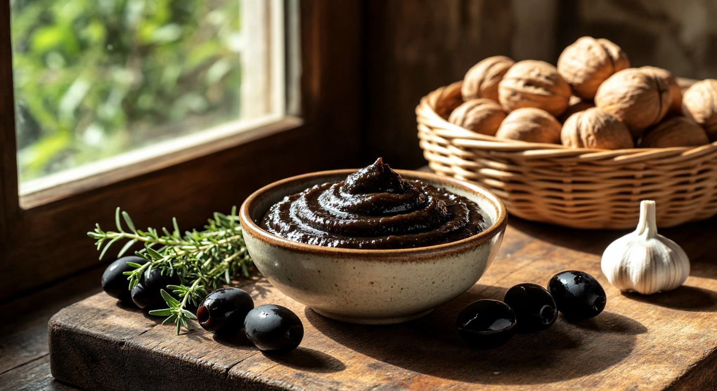 A rustic wooden table in a Turkish kitchen holds a small ceramic bowl of smooth black olive paste, surrounded by fresh olives, a sprig of thyme, and a clove of garlic, with sunlight streaming through a window onto a woven basket of walnuts.