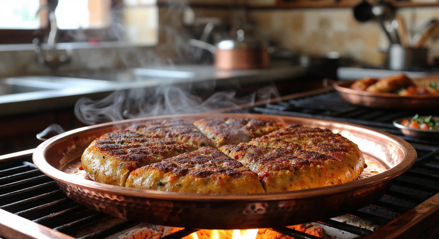 A golden-brown sini kebab sizzling in a traditional Turkish copper tray, fresh out of the oven, with steam rising and a background of a cozy Anatolian kitchen.