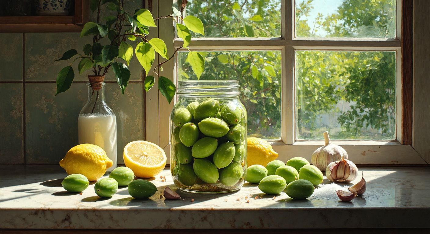 A rustic Turkish kitchen countertop holds a glass jar filled with fresh green çağla (unripe almonds), garlic cloves, and brine, surrounded by scattered ingredients like vinegar, lemon halves, and salt, with sunlight streaming through a nearby window.