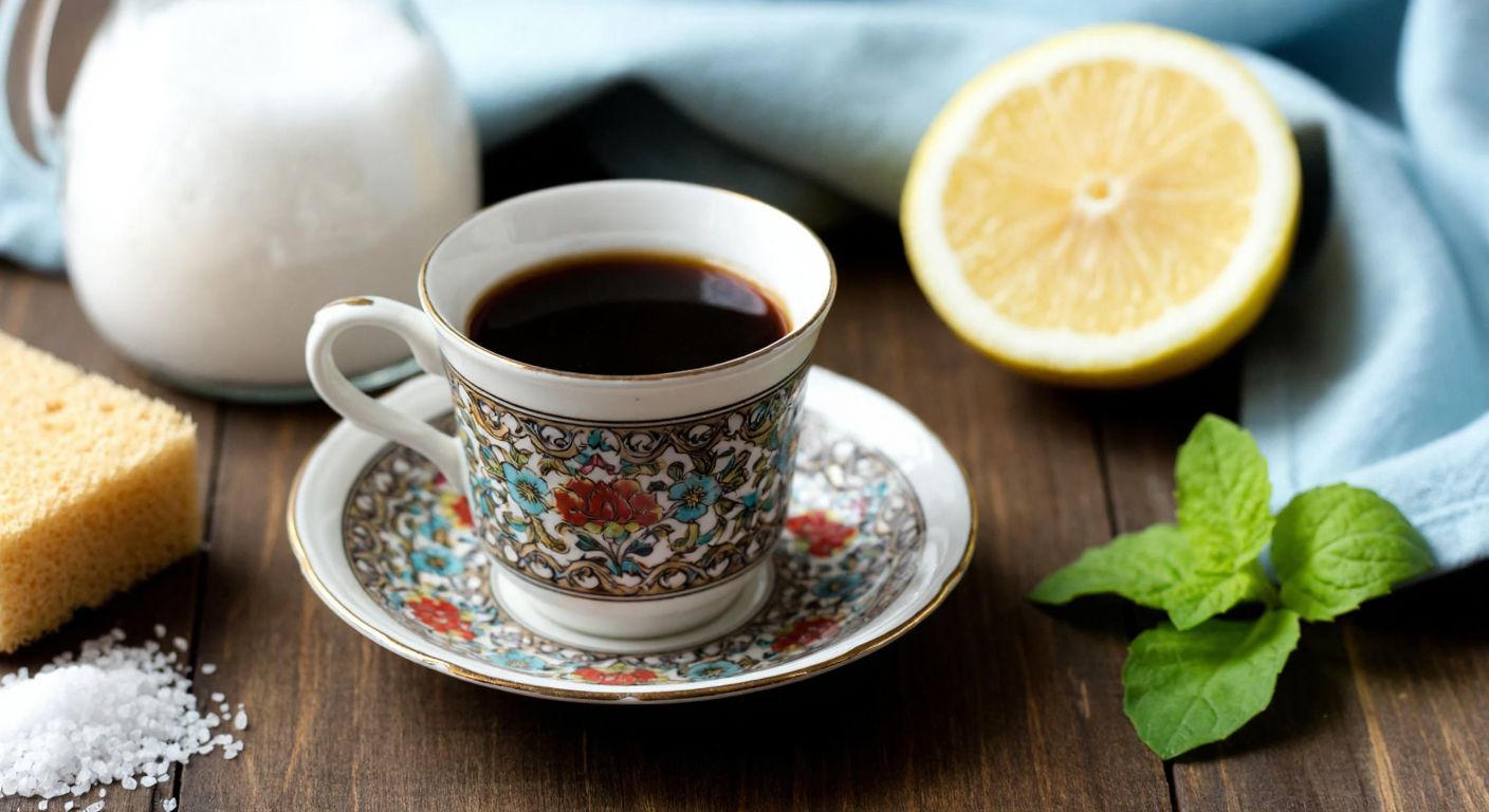 A close-up of a delicate vintage coffee cup with intricate floral patterns resting on a wooden table, surrounded by natural cleaning ingredients like baking soda, vinegar, salt, and a halved lemon, with a soft cloth and sponge nearby, evoking a warm, traditional Turkish kitchen ambiance.