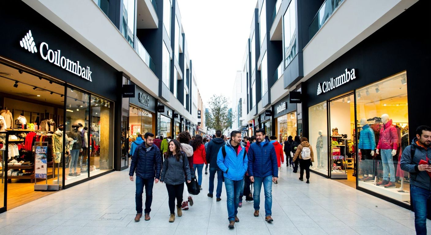 A bustling shopping street in Bursa with two distinct storefronts—one in a modern mall (Korupark AVM) and another on a lively academic avenue (Akademi Caddesi)—showcasing Columbia's outdoor gear, with shoppers in casual winter attire browsing colorful jackets and hiking boots.